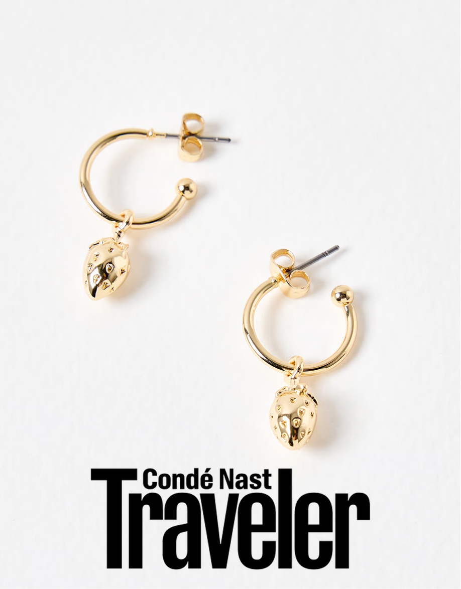 Silvie Gold Strawberry Charm Drop Hoop Earrings